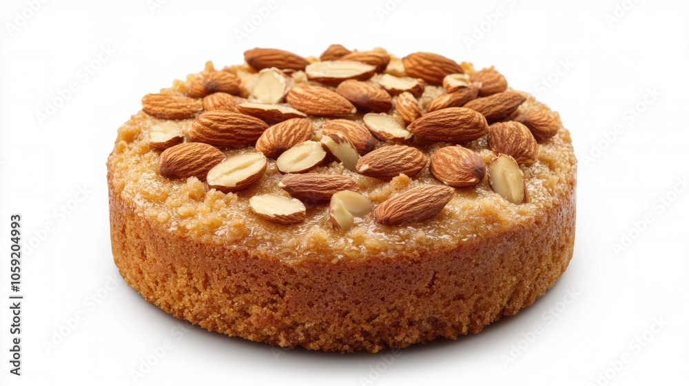 Delicious almond cake topped with sliced almonds and a golden glaze on a white background Delicious almond cake topped with sliced almonds and a golden glaze on a white background