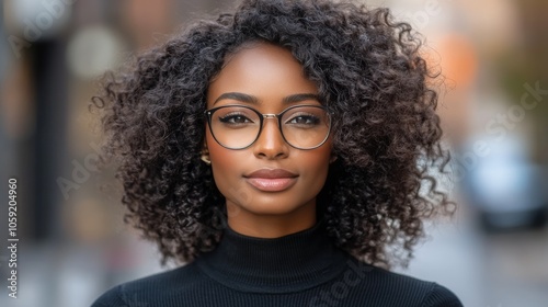 Young woman with curly hair and glasses poses confidently in a city setting d...