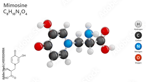 Molecule: Mimosine. Non-protein amino acid. Molecular structure. Formula: C8H10N2O4. Chemical model: Ball and stick. White background. 3D illustration. photo