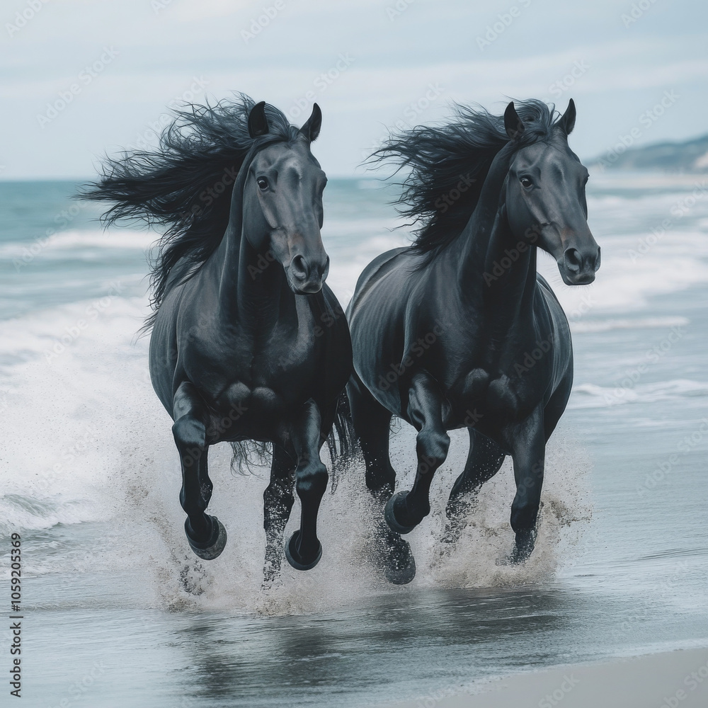 Black horses with flowing manes gallop along the shimmering shoreline, their powerful forms contrasting against the vibrant sea. Black horses with flowing manes gallop along the shimmering shoreline, their powerful forms contrasting against the vibrant sea.