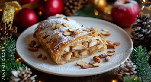 Delicious apple strudel served on a festive plate with holiday decorations in...