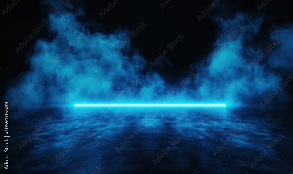 Fototapeta premium Blue neon light strip glowing over a misty dark background