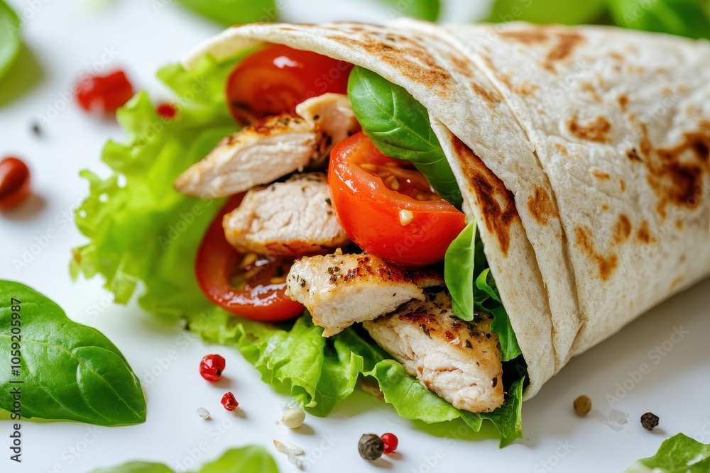 An isolated close up of a wrap containing chicken tomato lettuce and basil against a white backdrop An isolated close up of a wrap containing chicken tomato lettuce and basil against a white backdrop