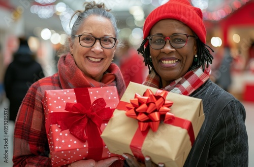 Two Friends Exchange Christmas Gifts in a Mall