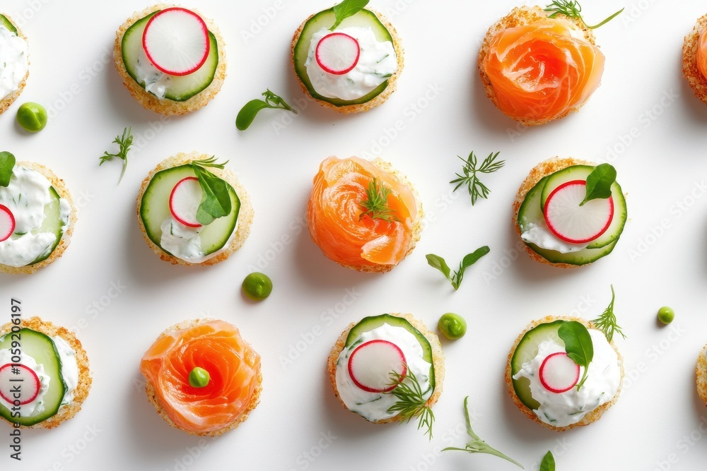 Appetizing salmon cucumber radish and cream cheese hors d oeuvre on a white background overhead view Appetizing salmon cucumber radish and cream cheese hors d oeuvre on a white background overhead view