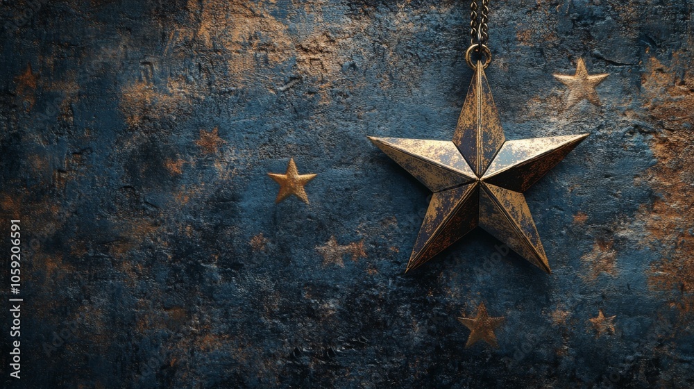 Golden star ornament on a textured blue background with decorative stars featuring vintage style Golden star ornament on a textured blue background with decorative stars featuring vintage style