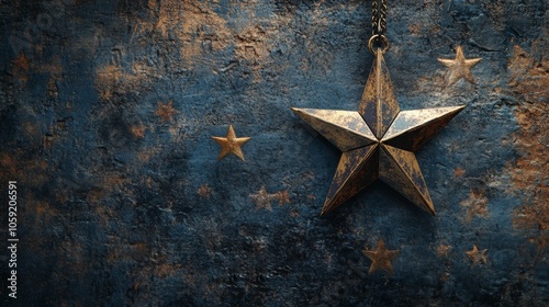 Golden star ornament on a textured blue background with decorative stars feat...