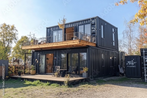 Modern black shipping container house with large windows, wooden deck, and upper balcony, surrounded by a well-kept lawn and outdoor furniture for a stylish and sustainable living space photo