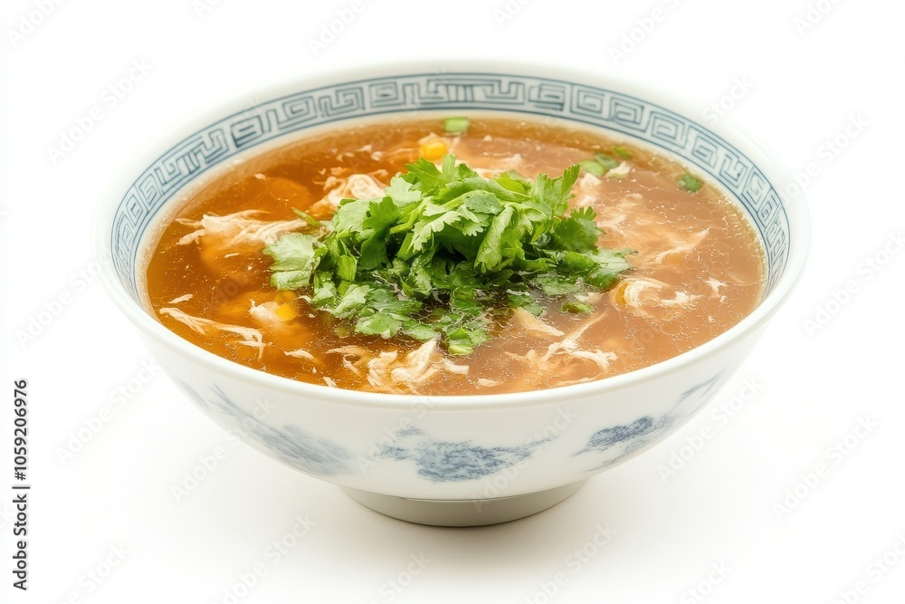 Asian corn and chicken soup a starter in Cantonese cuisine is served in a bowl against a white backdrop This egg drop soup is tasty and nutritious Asian corn and chicken soup a starter in Cantonese cuisine is served in a bowl against a white backdrop This egg drop soup is tasty and nutritious