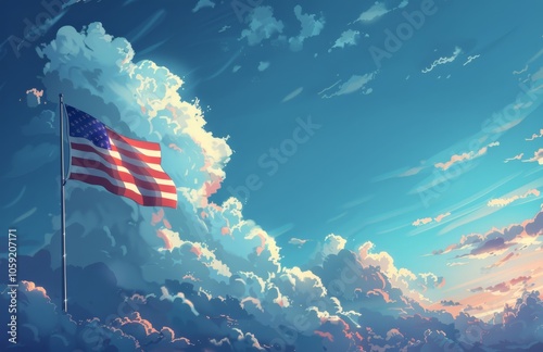 American Flag Waving in the Wind Against a Blue Sky