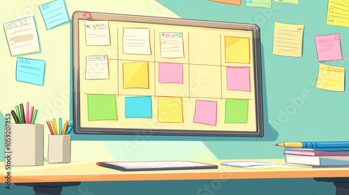 A colorful workspace featuring a bulletin board filled with sticky notes and stationery, creating an organized and vibrant atmosphere for creativity.