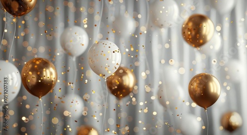 White And Gold Balloons Floating With Confetti Against A Gray Background