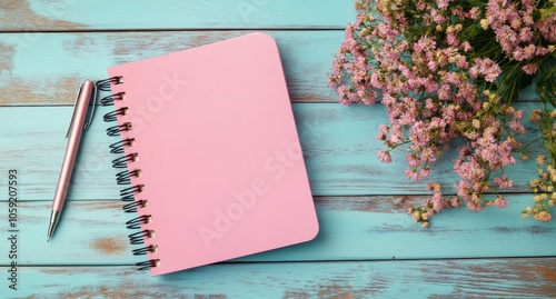 A pink notebook and pen with flowers on a blue wooden table in a cozy setting