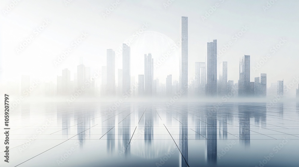 Obraz premium Urban Illusion: Commercial CBD Skyline with Exhibition Platforms and E-Commerce Under a Brilliant Sun