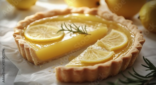 Freshly sliced lemon tart with lemon slices and a sprig of rosemary displayed...
