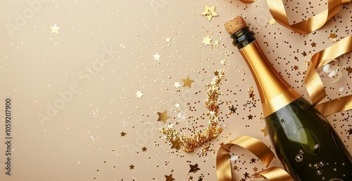 Champagne Bottle and Glass With Gold Confetti and Ribbons