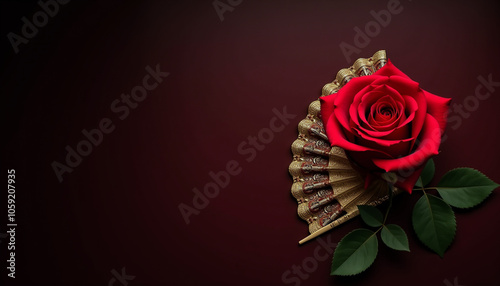 Red rose and fan background, traditional symbols of tango with a single red rose and a decorative Spanish fan on a dark background, creating a romantic and dramatic ambiance