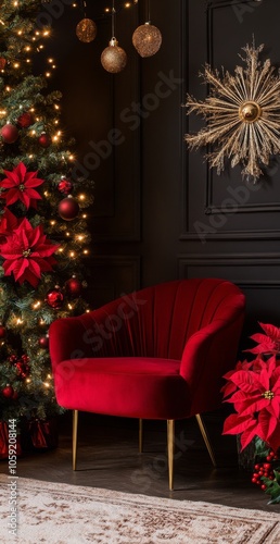 Cozy red chair in a festive room decorated with a Christmas tree and poinsettias