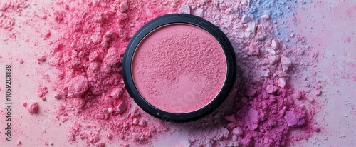Soft pink blush powder surrounded by colorful makeup pigments on a light surface
