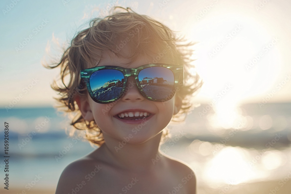 A smiling child with sunglasses on a sunny beach, bright lighting, mid-shot, front view 1 A smiling child with sunglasses on a sunny beach, bright lighting, mid-shot, front view 1