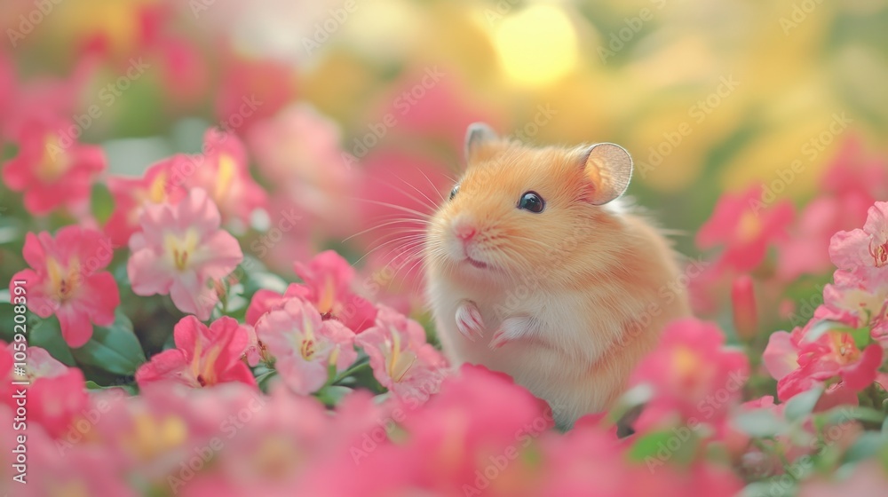 Tiny cute hamster with a backdrop of vibrant flowering bushes, daylight enriching color saturation Tiny cute hamster with a backdrop of vibrant flowering bushes, daylight enriching color saturation