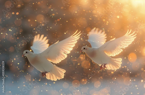 Two White Doves Soaring in Golden Light at Sunset