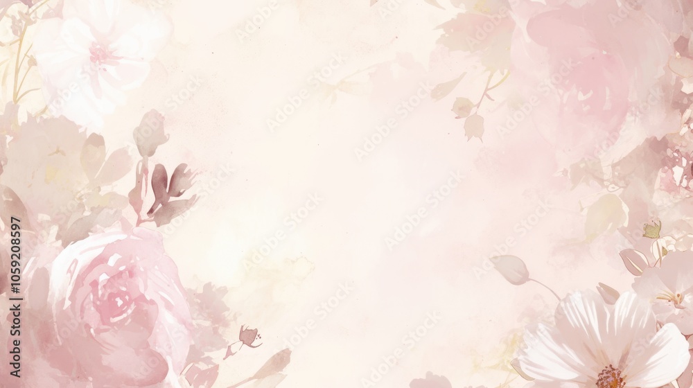 White and pink flowers softly blending into a watercolor background with blurred edges, isolated on white for postcards, banners