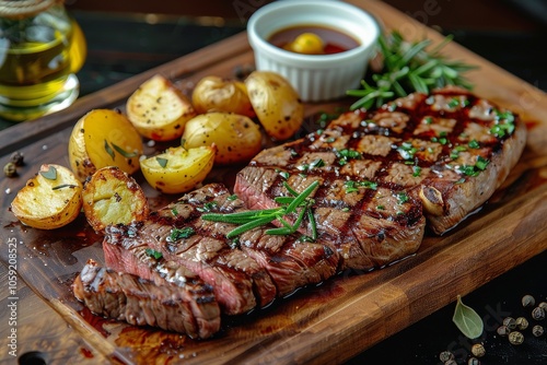 Sliced Grilled Steak With Roasted Potato Wedges and Seasoning
