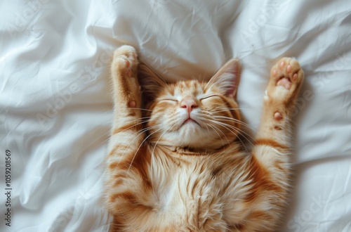 Orange Tabby Cat Sleeping With Paws Up on White Bedding