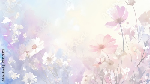 White and pink flowers softly blending into a watercolor background with blurred edges, isolated on white for postcards, banners