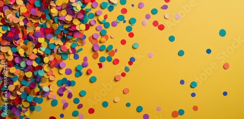 Colorful confetti scattered on a vibrant yellow background for festive celebr...