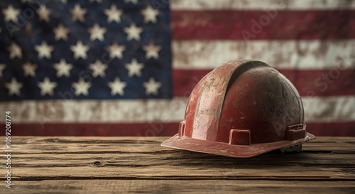 Rustic hard hat resting on wooden surface with American flag backdrop in a co...