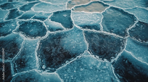 Cracked blue ice with clear water beneath at a frozen lake during winter