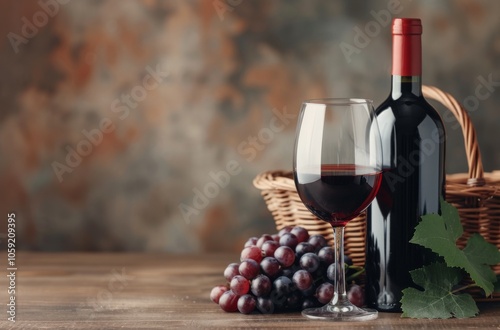 Red Wine and Grapes on Wooden Table