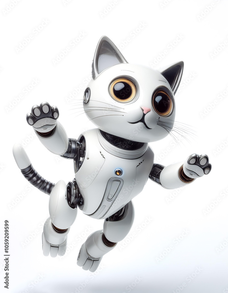 AI Cat Robot floating or flying isolated white background AI Cat Robot floating or flying isolated white background