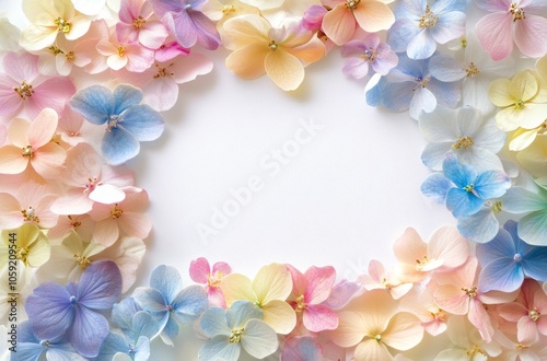 Delicate pastel flowers arranged in a beautiful frame against a white background