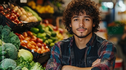 Young man selecting fresh produce in a grocery store during the daytime