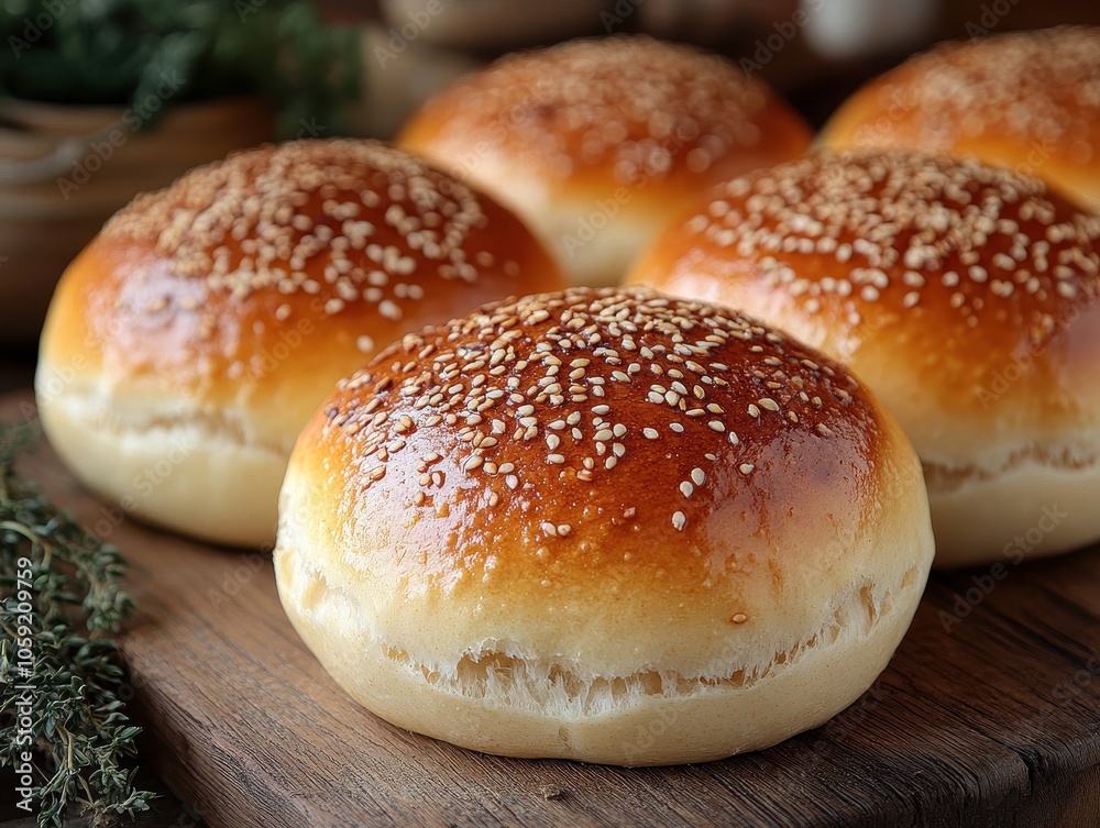 Freshly baked bread rolls displayed on a rustic wooden table, warm tones, inviting atmosphere, perfect for a cozy meal setting Freshly baked bread rolls displayed on a rustic wooden table, warm tones, inviting atmosphere, perfect for a cozy meal setting