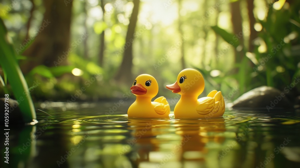 Two Rubber Ducks Floating in a Calm Natural Setting Two Rubber Ducks Floating in a Calm Natural Setting
