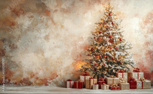 Festively decorated Christmas tree with wrapped gifts in an elegant indoor se...