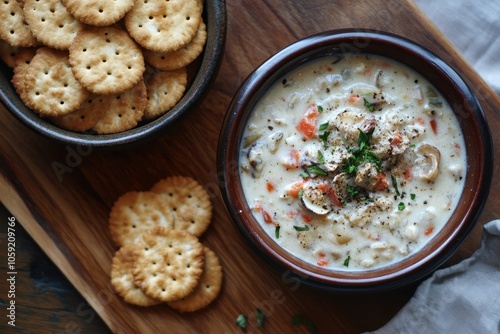 Bird s eye view of a small clam chowder bowl alongside oyster crackers on a wooden cutting board photo