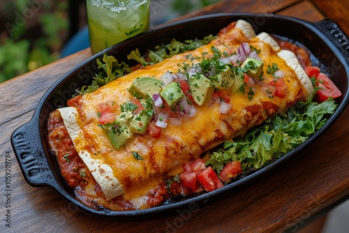 Bird s eye view of enchiladas and mojito on wood photo