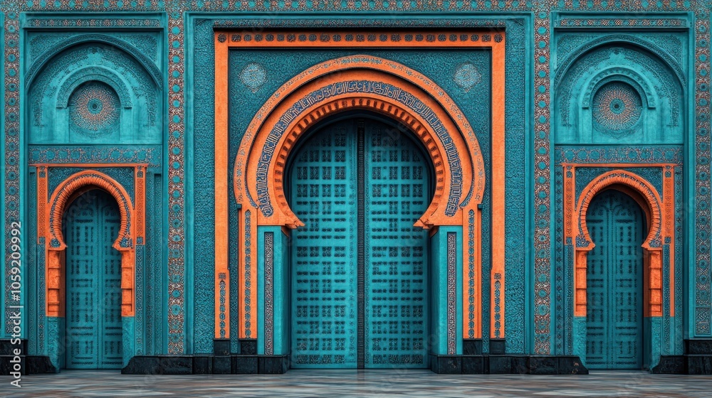 Obraz premium Ornate turquoise and orange arched doors with intricate tilework.