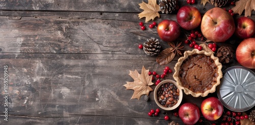 Autumnal Pie and Apples on Rustic Wood