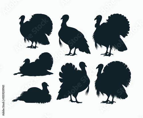 A Collection of Turkey Poses Silhouette EPS Vector Template Illustration