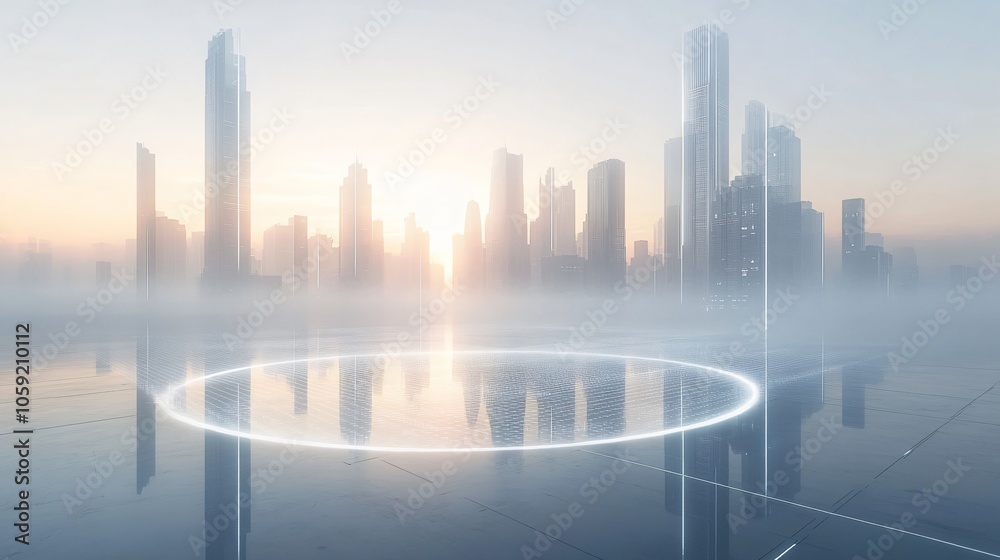 Fototapeta premium Urban Illusion: Commercial CBD Skyline with Exhibition Platforms and E-Commerce Under a Brilliant Sun