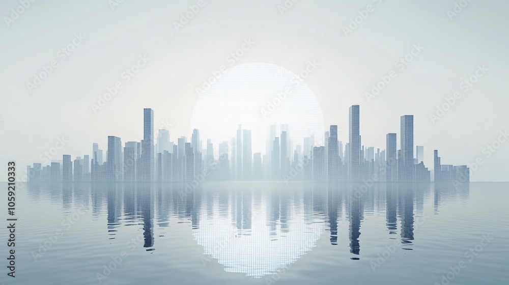 Fototapeta premium Urban Illusion: Commercial CBD Skyline with Exhibition Platforms and E-Commerce Under a Brilliant Sun