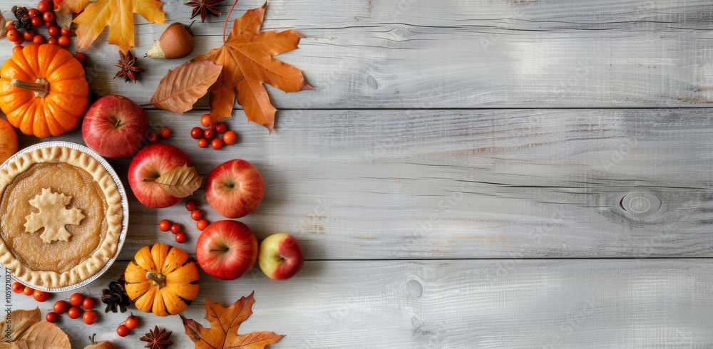 Autumnal Pie and Apples on Rustic Wood Autumnal Pie and Apples on Rustic Wood