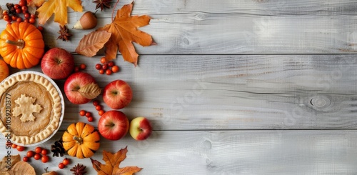 Autumnal Pie and Apples on Rustic Wood