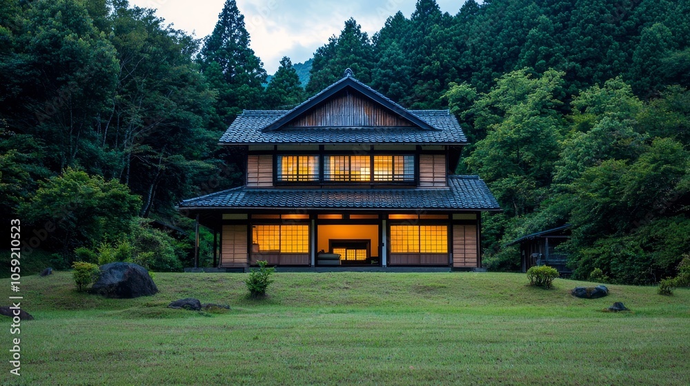 Traditional Japanese house surrounded by lush greenery in a serene environment. Traditional Japanese house surrounded by lush greenery in a serene environment.